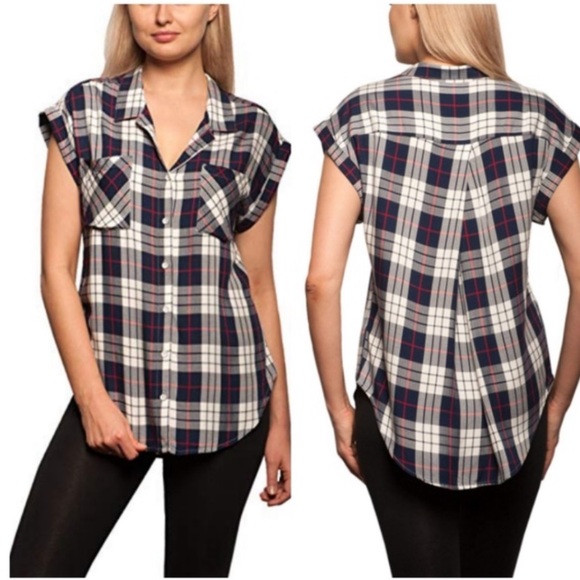 JACHS Girlfriend Tops - Jachs Girlfriend Plaid Cap Sleeve Button Down Top